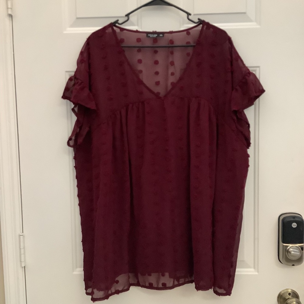 SHEIN Burgundy Swiss Dot Sheer Ruffle Sleeve Blouse